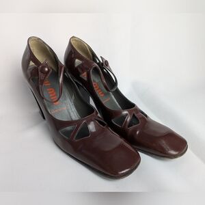 MIU MIU Vintage Mary Jane Heel Glossy Leather Shoes Burgundy Brown Size 37